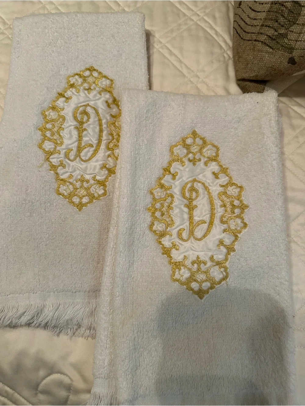 4 Luxury White Guest (2) and Hand (2) Towels with Gold Embroidered Medallion